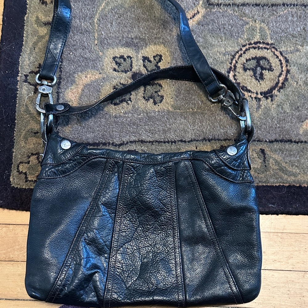 HOBO Black Leather Shoulder Bag with Stitch Paneling